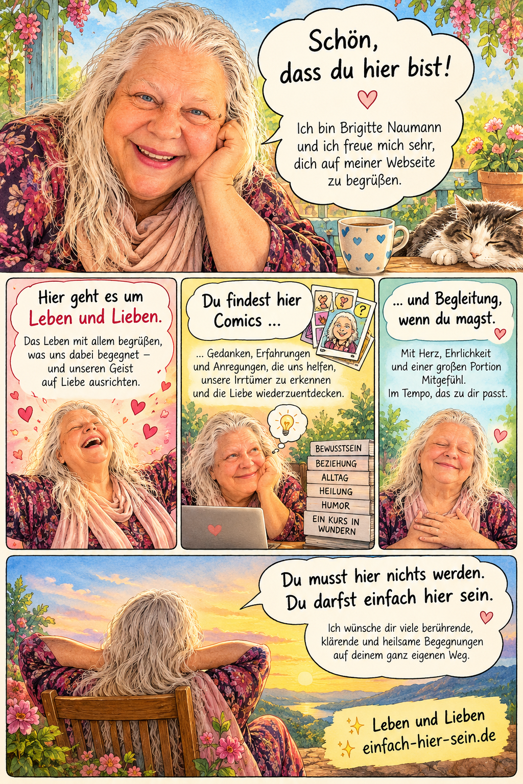 Willkommenscomic von Brigitte Naumann über Leben und Lieben, Bewusstseinsarbeit und die Einladung, einfach hier zu sein.